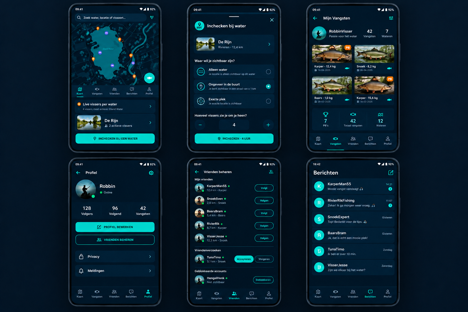 VisSTEK app interface met kaart, vangsten en profielschermen